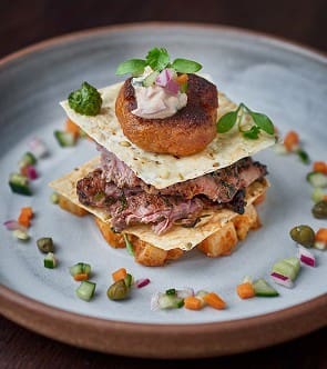 Smoked Herdwick lamb escalope and galouti kebab mille feuille